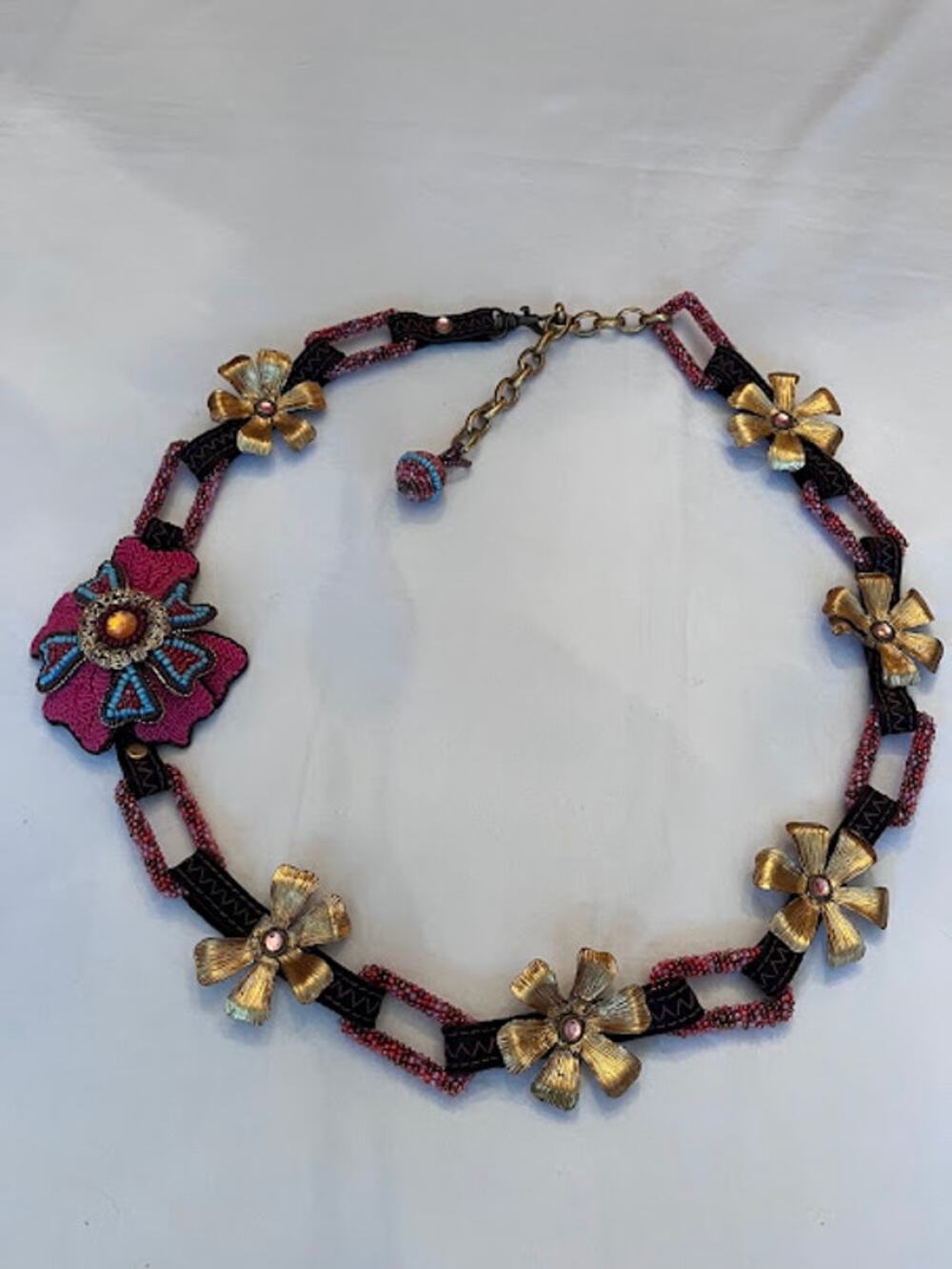 Mary Frances Belt Necklace Boho Beaded Flowers Adjustable Link Vintage 90s